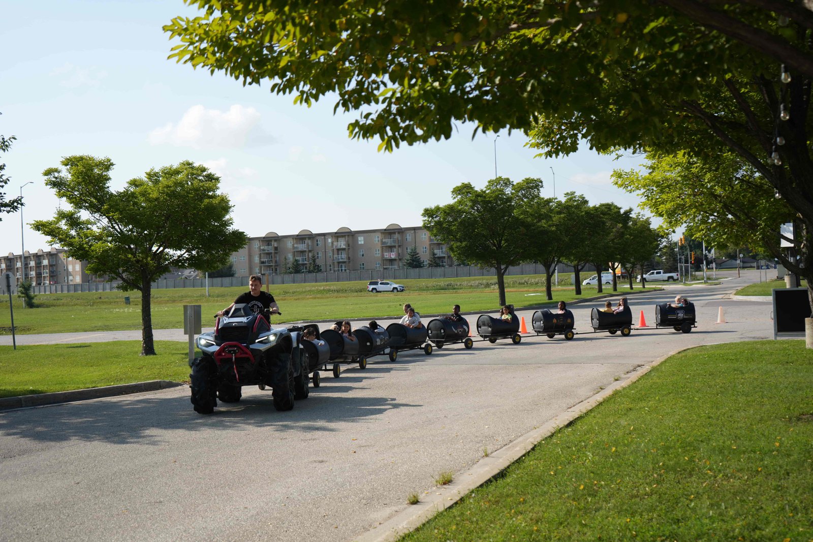 Kids Barrel Train delivered to an outdoor event — Silver package